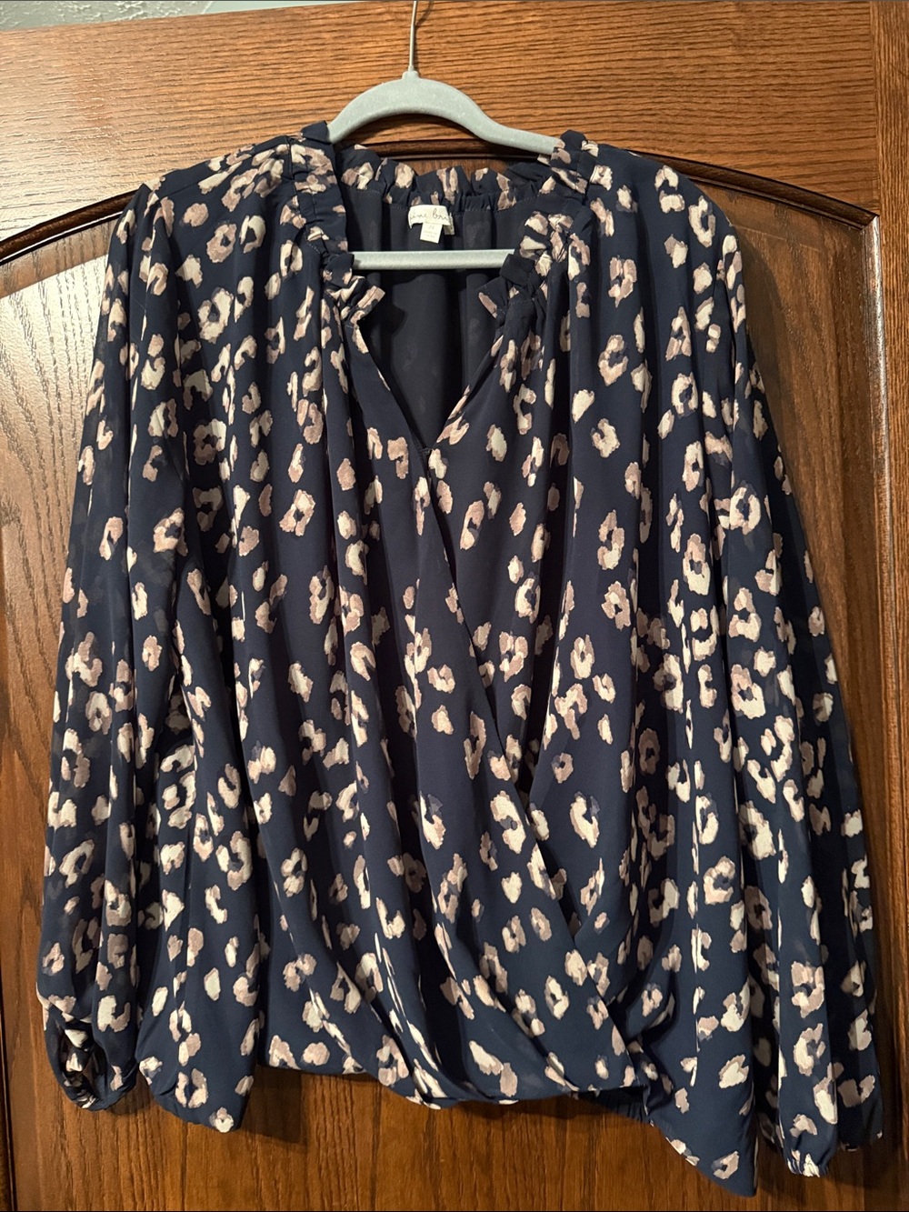 nine britton Navy Blouse with Beige Leopard Print